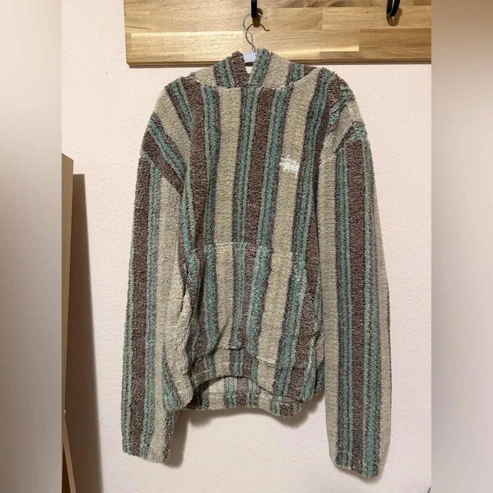 Stussy Men's Striped Crewneck Sweater in Taupe, Brown & Teal - Picture 1 of 3